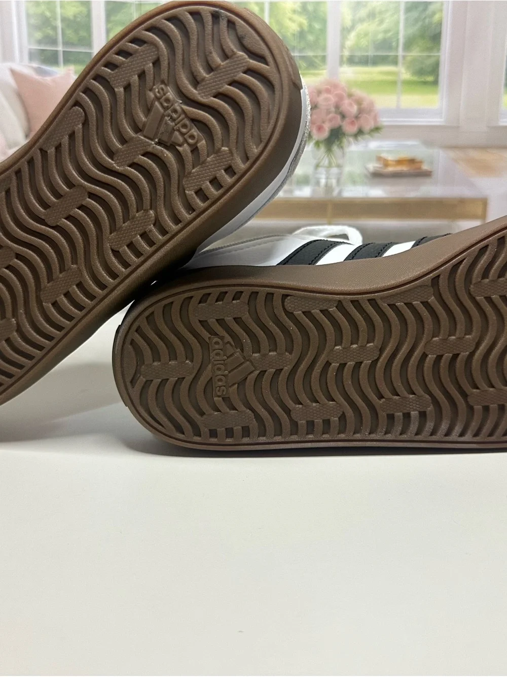 adidas White Sneakers with Black Stripes and Brown Sole